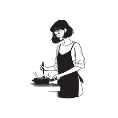 Black and White Illustration of Beautiful Woman Cooking in the Kitchen Minimalist Elegant Artwork Design