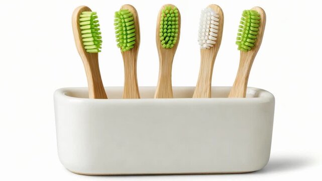 Five wooden-handled toothbrushes with green and white bristles in a white ceramic holder.