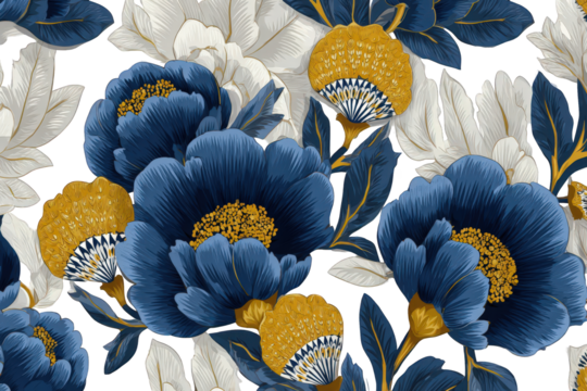 Elegant Floral Pattern with Deep Blue Peonies Golden Accents and White Foliage on a Black Background Bold Botanical Print with Intricate Detail Perfect for Textile Design and Wallpaper Seamless
