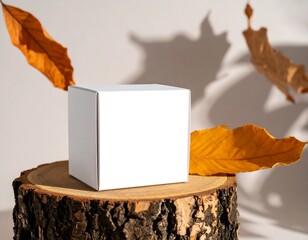 White box on a log with autumn leaves