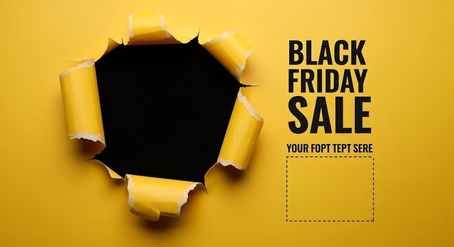 Torn yellow paper reveals a dark void with Black Friday Sale text.