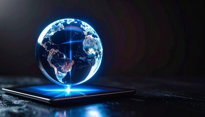 Stunning futuristic globe hovering over tablet, connecting the world through technology and digital innovation