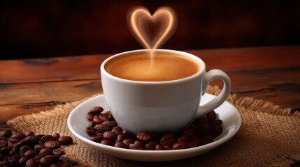 Fototapeta premium Cup of steamy coffee sitting on a wooden table with roasted beans, creating a heart-shaped steam above it, perfect for a cozy afternoon