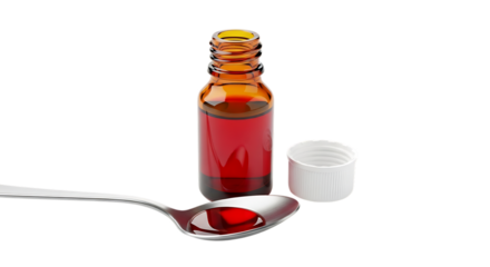 Cough syrup medication bottle with spoon for sickness treatment and healthcare