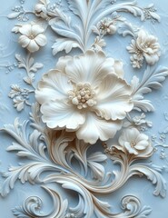 ornate floral relief sculpture with large central flower surrounded by detailed leaves and smaller blossoms in soft ivory tones on light blue background
