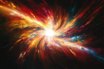Vivid swirling cosmic explosion with bright central light and colorful fiery streaks radiating outward in a dynamic and energetic burst