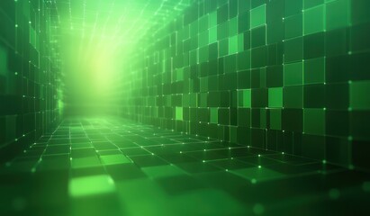 Glowing green digital tunnel made of illuminated square tiles creating a futuristic and immersive technology environment