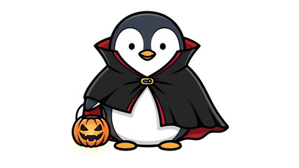 Spooky Penguin's Halloween: This festive image shows a cartoon penguin, dressed as a vampire, carrying a carved jack-o'-lantern.