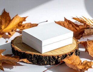 White box on wood slice, autumn leaves