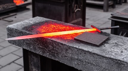 Forging a sword by a skilled blacksmith in a traditional workshop filled with the heat and energy of ancient craftsmanship