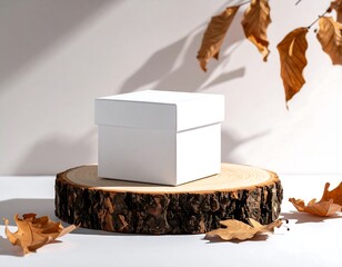 White box on wooden slice, autumn leaves