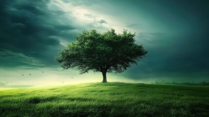 Obraz premium Serene deciduous tree with flying birds in grassy field