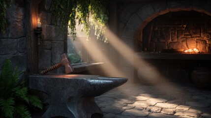 Midday light beams through leafy windows as a skilled artisan strikes an anvil with a glowing hammer, creating sparks in a forge setting rich with craftsmanship