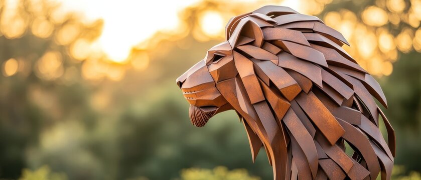 Geometric metal lion sculpture made from repurposed metal pieces with a sunset backdrop