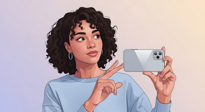 Selfie Moment: A young woman captures a moment, holding a sleek mobile phone to take a selfie. She gazes thoughtfully into the distance, expressing a sense of poise and casual.