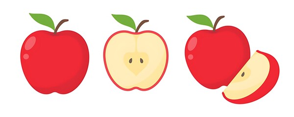 Collection of whole and sliced red apples with green leaves