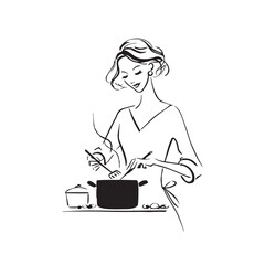 Black and White Illustration of Beautiful Woman Cooking in the Kitchen Minimalist Elegant Artwork Design