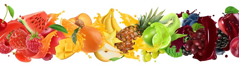 Vibrant rainbow of fresh vegetables and fruits splashing in water