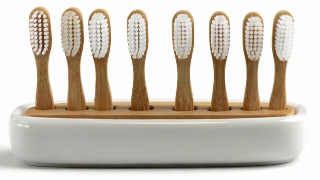 Bamboo toothbrushes arranged in a white ceramic holder.