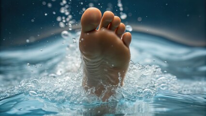 Fototapeta premium A foot splashes in water, creating ripples and droplets against a dark, serene background.