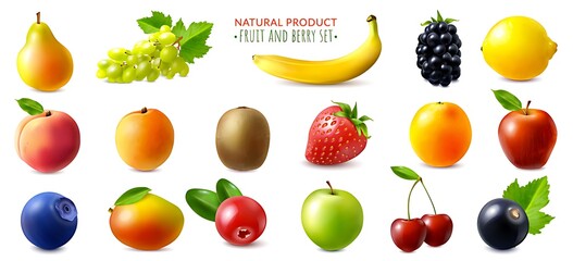 Assortment of fresh fruits isolated on white background