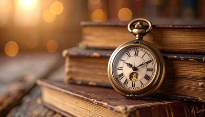 Timeless treasure vintage pocket watch resting on antique books evoking nostalgia and academic pursuit