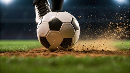 Naklejka premium A close-up of a soccer player's foot striking a ball, sending dirt flying on the field during an action-packed moment.