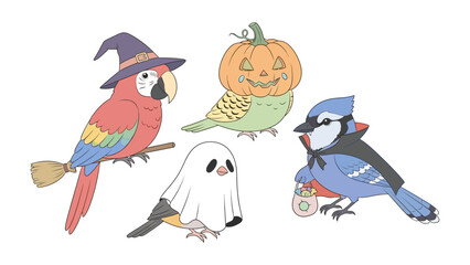 Halloween Birds: A whimsical illustration of five adorable birds, each dressed in unique Halloween costumes, perfect for adding a touch of festive cheer.