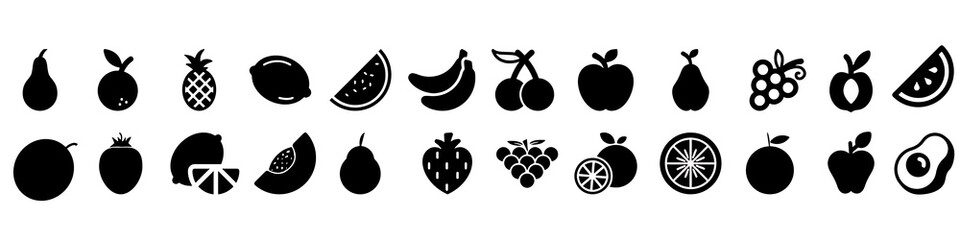 Collection of black silhouette icons representing various fruits and vegetables