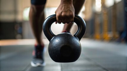A person lifting a kettlebell in a gym, showcasing strength and fitness in a dynamic workout setting.
