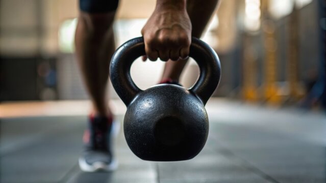 A person lifting a kettlebell in a gym, showcasing strength and fitness in a dynamic workout setting.