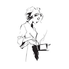 Black and White Illustration of Beautiful Woman Cooking in the Kitchen Minimalist Elegant Artwork Design