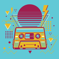 Retro 80s Audio Cassette Tape Emblem, Vector Illustration