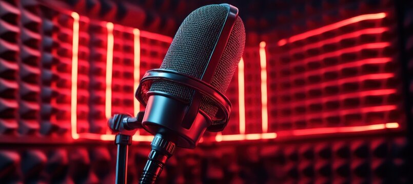 Close-up of a professional microphone in a soundproof recording studio with red neon lighting creating a vibrant and modern atmosphere - Powered by Adobe
