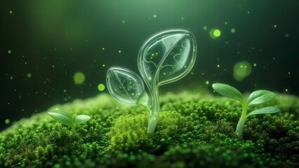Glass sprout growing from mossy surface glowing with light symbolizing ecological purity and renewal
