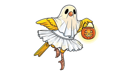 Spooky Canary at Halloween: An amusing cartoon depicting a canary, dressed as a ghost, holding a glowing jack-o'-lantern, dancing with joy. This cheerful.