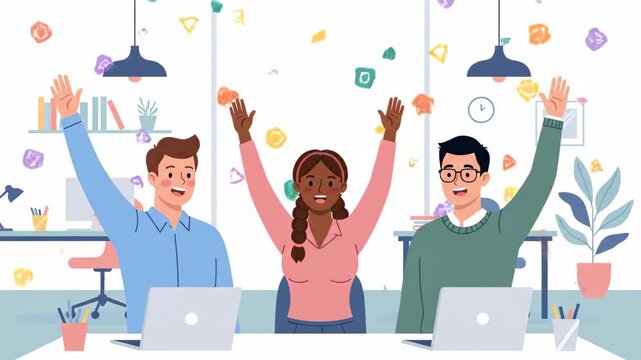 Coworkers collaborating at a table with laptop, mugs, and a clock, flat vector illustration