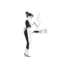 Black and White Illustration of Beautiful Woman Cooking in the Kitchen Minimalist Elegant Artwork Design