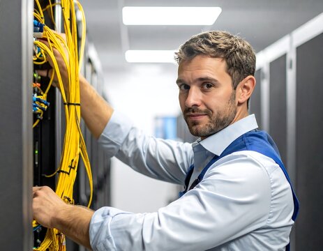 Technician working with fiber optic cables in a server room