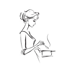 Black and White Illustration of Beautiful Woman Cooking in the Kitchen Minimalist Elegant Artwork Design