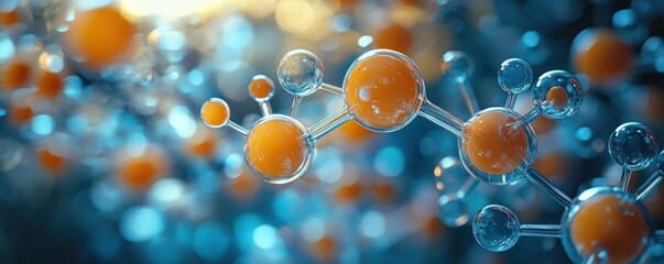 Close-up view of interconnected transparent molecules with orange and clear spheres symbolizing a scientific molecular structure in a blue glowing background