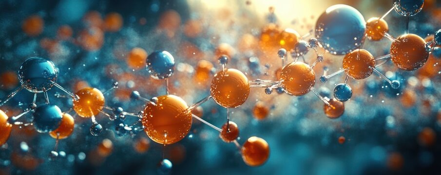 Abstract molecular structure with interconnected blue and orange spheres linked by thin rods simulating chemical bonds in a glowing environment