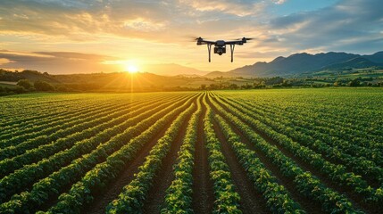 Drone flying over a vast green farm field with evenly spaced crops during sunrise with mountains in the background under a partly cloudy sky