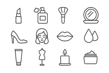 Beauty line icon set. Cosmetics, makeup, fashion, and salon vector symbols. Skincare, bodycare, spa, and beauty therapy outline pictograms for web. Isolated illustration.