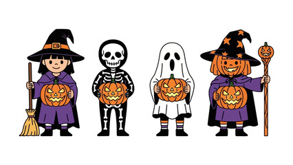Halloween Costumes: A collection of whimsical figures, dressed as a witch, a skeleton, a ghost, and a pumpkin character, ready to celebrate a festive Halloween season. 