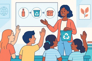 Teacher explaining recycling process to children in classroom with raised hands and educational chart on wall in light abstract background. Ai generative