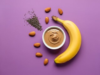 Fototapeta premium Healthy snack option: Overhead view of banana, almond butter, and chia seeds on lilac
