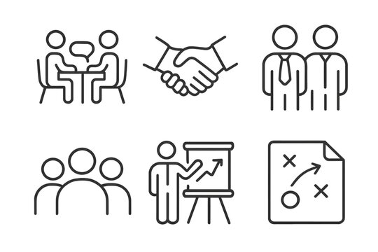 Business cooperation and partnership line icon set. Vector symbols for concepts like teamwork, meeting, presentation, strategic planning, audience, growth and agreement.