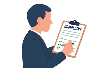 Complaint concept. Claim petition. Man holds clipboard writing a complaint. Businessman with checklist. Customer feedback, service dissatisfaction. Flat vector illustration isolated.