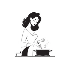 Black and White Illustration of Beautiful Woman Cooking in the Kitchen Minimalist Elegant Artwork Design